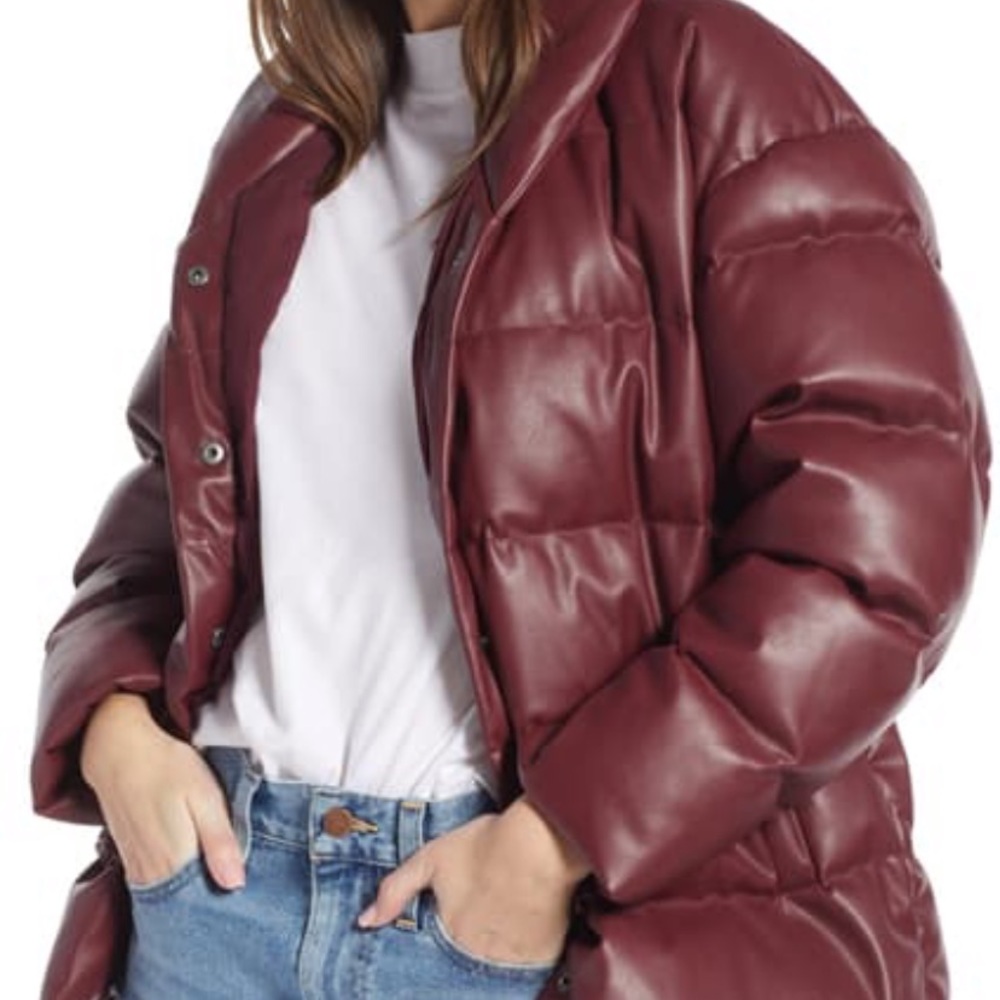 Something Navy Faux Leather down blend puffer coat sz medium